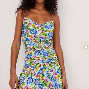 For Love And Lemons Blue and Yellow Ruched Midi Sundress